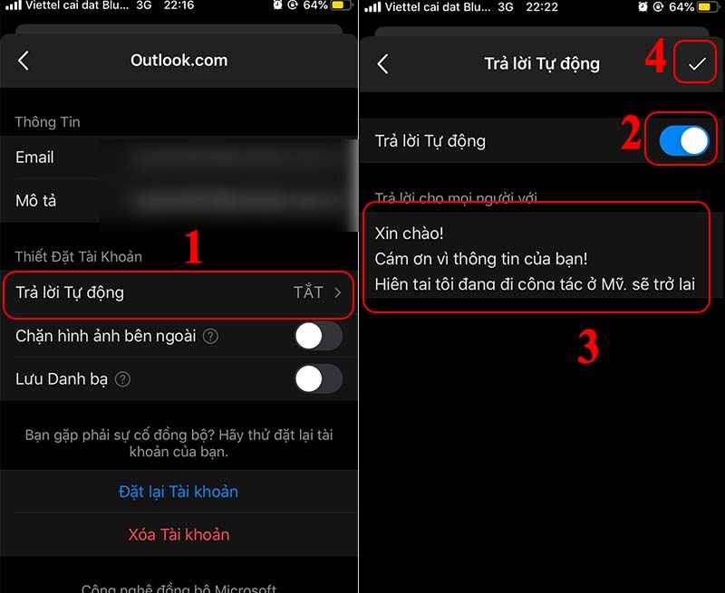 Bật t&iacute;nh năng Trả lời Tự động v&agrave; thiết lập thư trả lời tự động